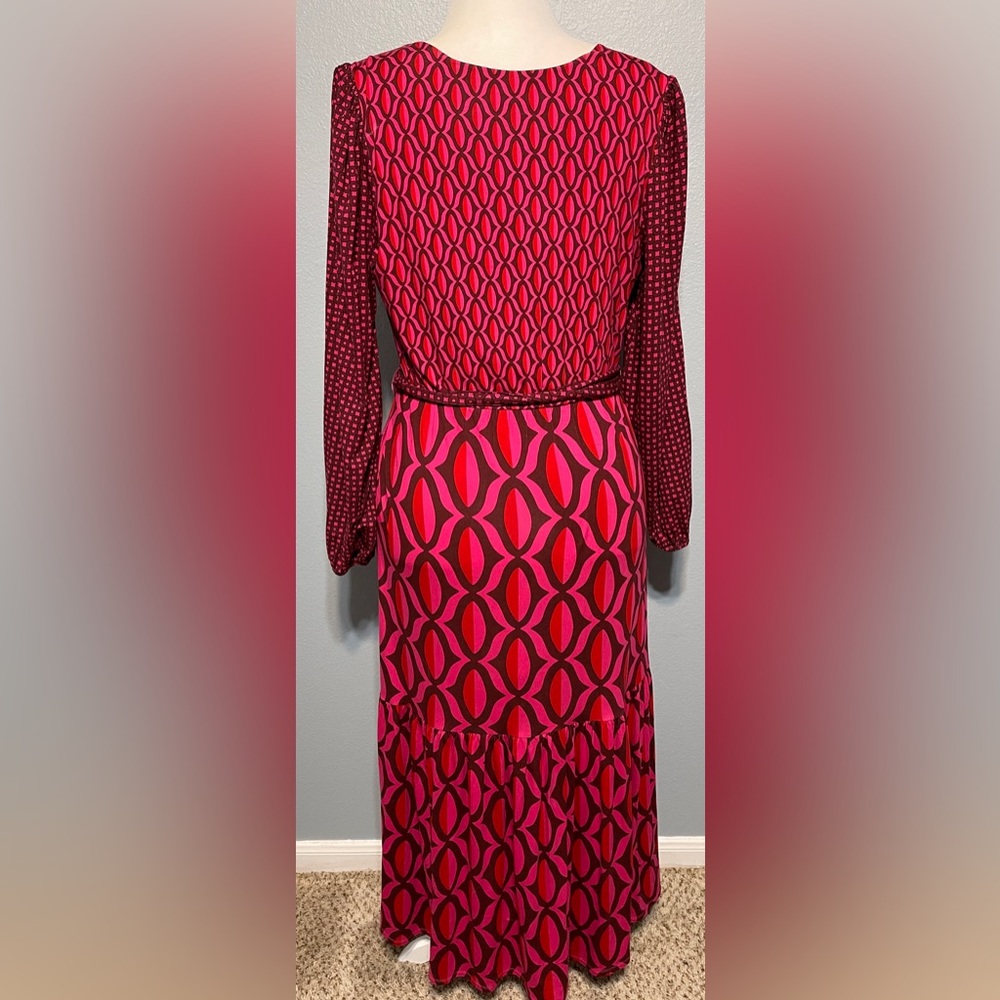 Boden Pink Geometric Wrap Maxi Dress Long Sleeve Tie Waist Retro Mod Preppy 8 - Picture 5 of 8